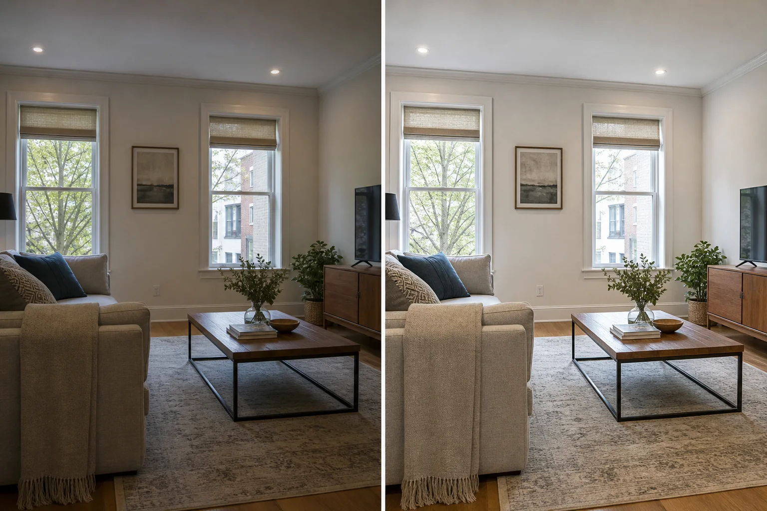Before and after real estate photo exposure and color enhancement