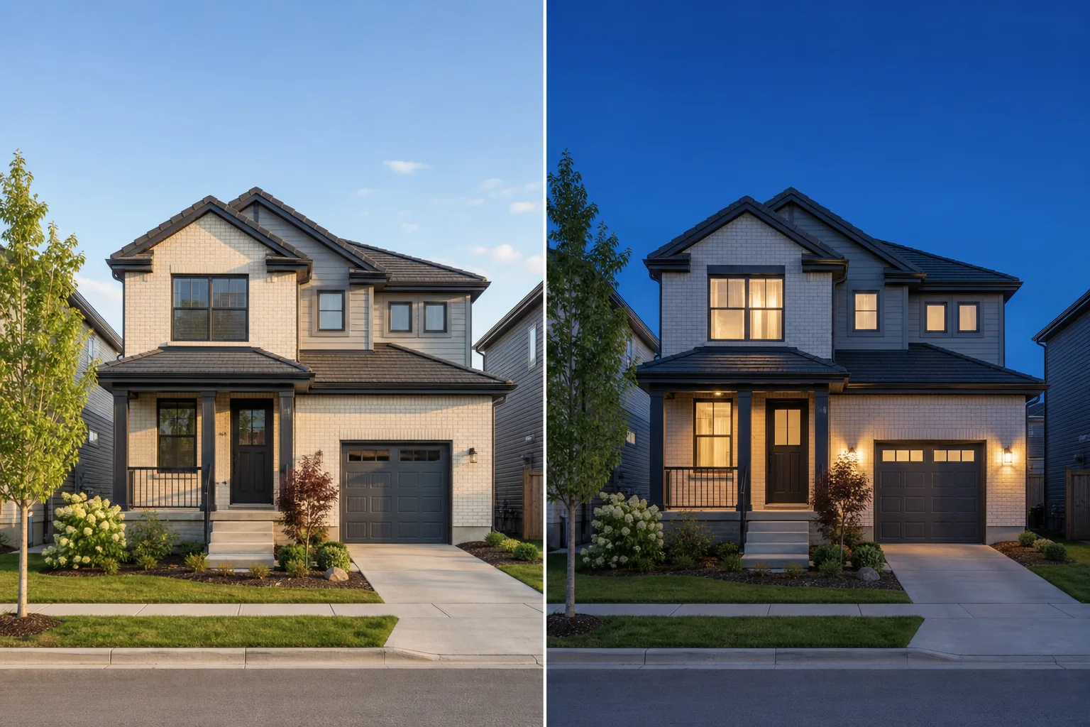Daylight property exterior converted into a twilight listing photo