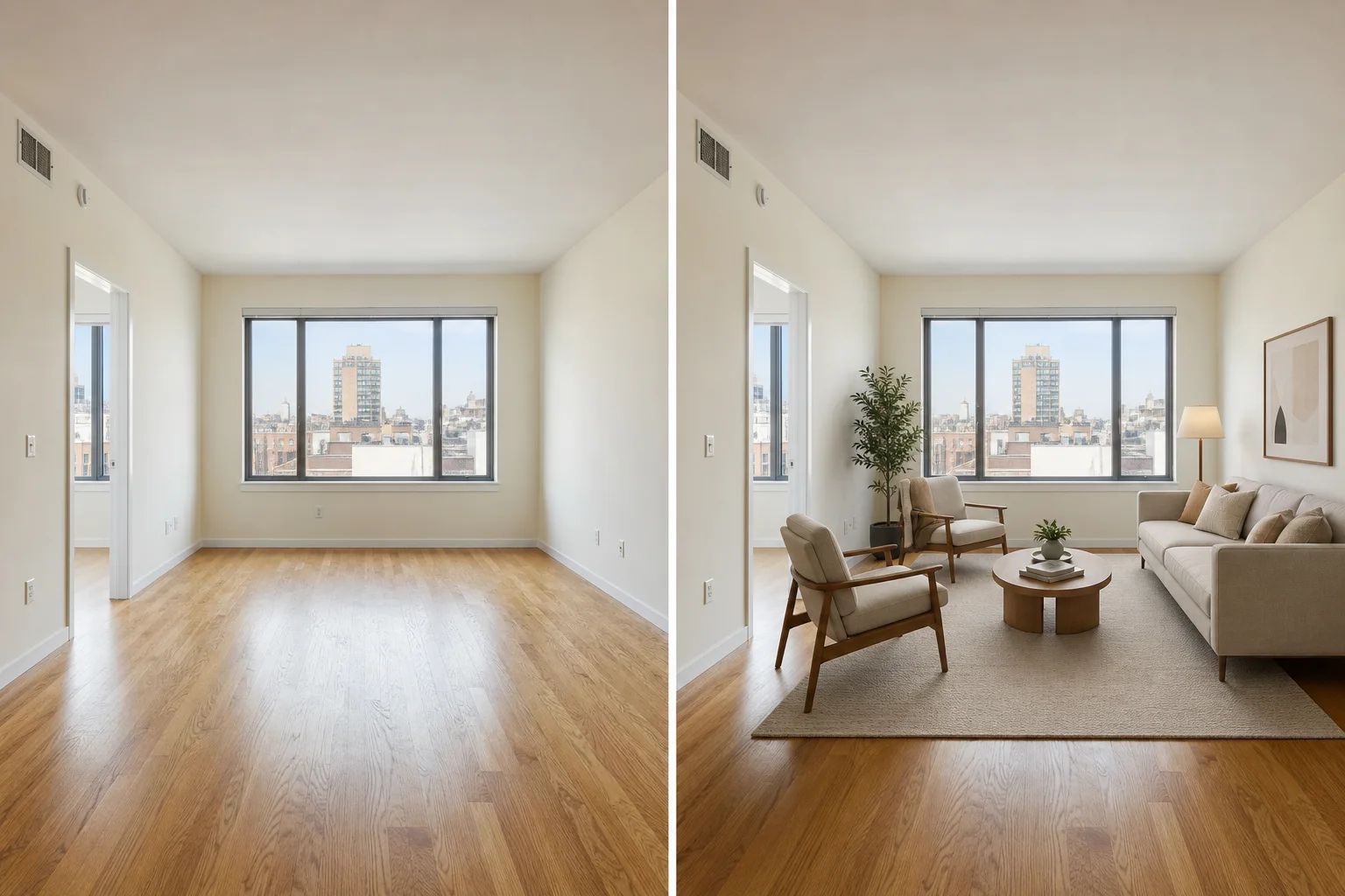 Before and after AI virtual staging of an empty room